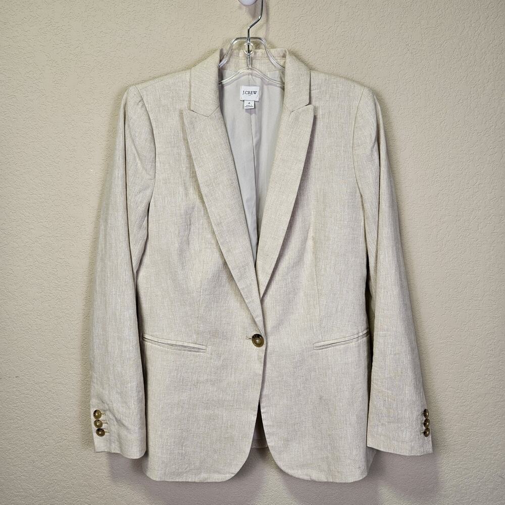 J.Crew Linen Cotton Holland Blazer Womens 4 Crosshatch Beige Career Jacket AL221 - Picture 2 of 16